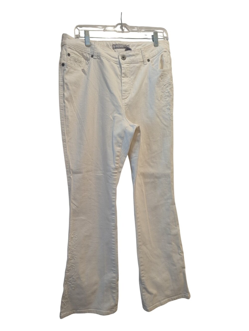Chico's Platinum White Bootcut Jeans Floral Embroidery Size 2 (L/12) *See Note